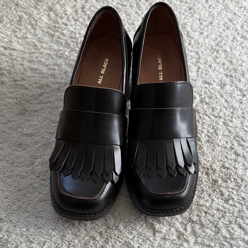 All Black Leather Loafers with Fringe Detail